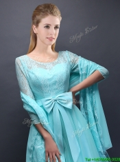 Romantic Aqua Blue Scoop Half Sleeves Prom Dresses with Bowknot
