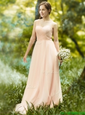 See Through One Shoulder Peach Prom Dresses in Floor Length