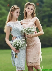 See Through Scoop Cap Sleeves Prom Dresses with Sashes
