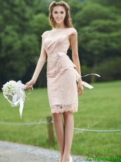 See Through Scoop Cap Sleeves Prom Dresses with Sashes