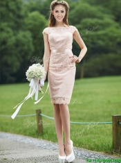 See Through Scoop Cap Sleeves Prom Dresses with Sashes