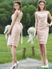 See Through Scoop Cap Sleeves Prom Dresses with Sashes