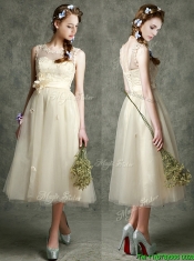 See Through Scoop Champagne Prom Dresses with Hand Made Flowers and Appliques
