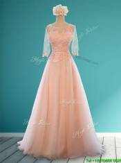See Through Scoop Half Sleeves Prom Dresses with Appliques and Belt