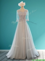 See Through Scoop Half Sleeves Prom Dresses with Appliques and Belt