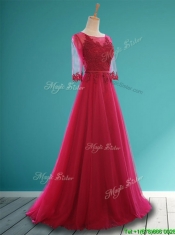 See Through Scoop Half Sleeves Prom Dresses with Appliques and Belt