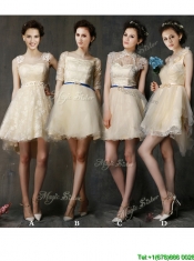 Sexy Square Half Sleeves Prom Dresses with Sashes and Lace