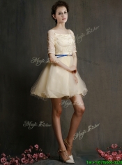 Sexy Square Half Sleeves Prom Dresses with Sashes and Lace