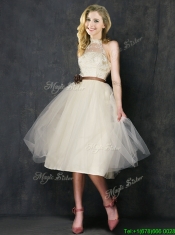 Sweet High Neck Champagne Prom Dresses with Hand Made Flowers and Lace