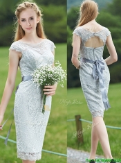 Wonderful Scoop Cap Sleeves Sashes Prom Dresses in Grey