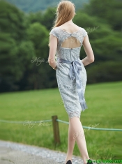 Wonderful Scoop Cap Sleeves Sashes Prom Dresses in Grey