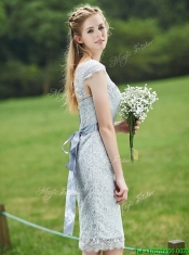 Wonderful Scoop Cap Sleeves Sashes Prom Dresses in Grey