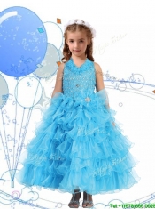 Affordable Halter Top Little Girl Pageant Dress with Beading and Ruffled Layers