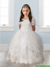 Best Square Short Sleeves White Flower Girl Dress with Beading and Appliques