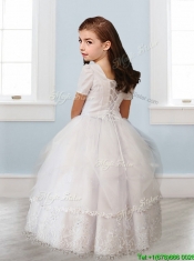 Best Square Short Sleeves White Flower Girl Dress with Beading and Appliques