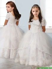 Best Square Short Sleeves White Flower Girl Dress with Beading and Appliques