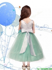 Comfortable Scoop Hand Made Flowers and Bowknot Mini Quinceanera Dresses in Apple Green