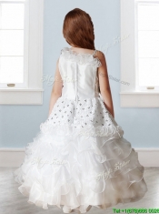 Fashionable Asymmetrical Neckline Flower Girl Dress with Beading and Ruffles