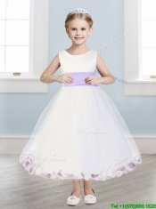 Fashionable Scoop Hand Made Flowers and Appliques Mini Quinceanera Dress in White