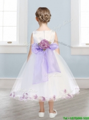 Fashionable Scoop Hand Made Flowers and Appliques Mini Quinceanera Dress in White