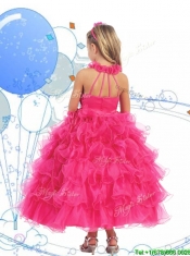 Latest Halter Top Beading and Ruffled Layers Mini Quinceanera Dress in Hot Pink