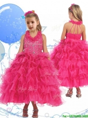 Latest Halter Top Beading and Ruffled Layers Mini Quinceanera Dress in Hot Pink