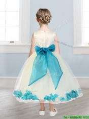 Lovely Scoop Flower Girl Dress with Teal Hand Made Flowers