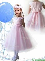 Lovely Scoop Hand Made Flowers and Appliques Mini Quinceanera Dress in Baby Pink