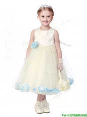 Lovely Tea Length Scoop Flower Girl Dress with Hand Made Flowers and Appliques