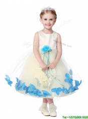 Lovely Tea Length Scoop Flower Girl Dress with Hand Made Flowers and Appliques