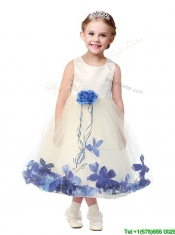 Lovely Tea Length Scoop Flower Girl Dress with Hand Made Flowers and Appliques