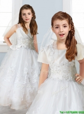 Luxurious White Spaghetti Straps Flower Girl Dress with Appliques and Ruffled Layers
