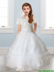 Luxurious White Spaghetti Straps Flower Girl Dress with Appliques and Ruffled Layers