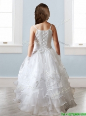 Luxurious White Spaghetti Straps Flower Girl Dress with Appliques and Ruffled Layers