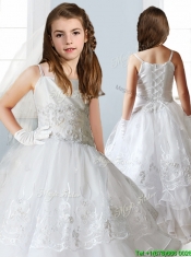 Luxurious White Spaghetti Straps Flower Girl Dress with Appliques and Ruffled Layers
