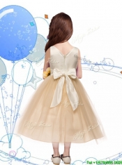 New Scoop Champagne Little Girl Pageant Dress with Hand Made Flowers and Bowknot