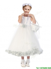 New Style Scoop Hand Made Flowers and Appliques Flower Girl Dress in White