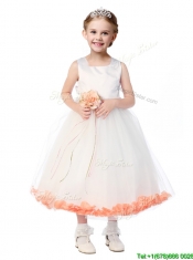 Popular Scoop Flower Girl Dress with Orange Red Hand Made Flowers