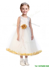 Popular Scoop Flower Girl Dress with Orange Red Hand Made Flowers