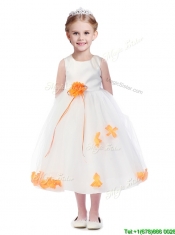 Popular Scoop Flower Girl Dress with Orange Red Hand Made Flowers