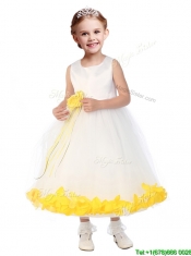 Popular Scoop Flower Girl Dress with Orange Red Hand Made Flowers