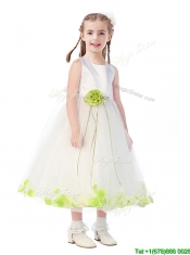 Popular Scoop Flower Girl Dress with Orange Red Hand Made Flowers