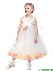 Popular Scoop Flower Girl Dress with Orange Red Hand Made Flowers