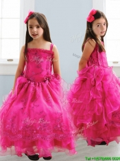 Popular Spaghetti Straps Lace and Ruffled Layers Little Girl Pageant Dress in Hot Pink