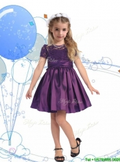 See Through Scoop Purple Little Girl Pageant Dress with Lace and Belt