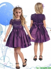 See Through Scoop Purple Little Girl Pageant Dress with Lace and Belt