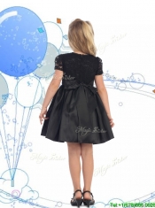 See Through Scoop Short Sleeves Lace and Belt Mini Quinceanera Dress in Black