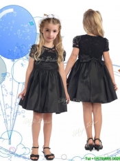 See Through Scoop Short Sleeves Lace and Belt Mini Quinceanera Dress in Black