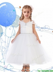 See Through Square Cap Sleeves Mini Quinceanera Dress with Beading