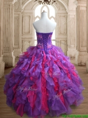 Cheap Applique and Ruffled Quinceanera Dress in Purple and Hot Pink